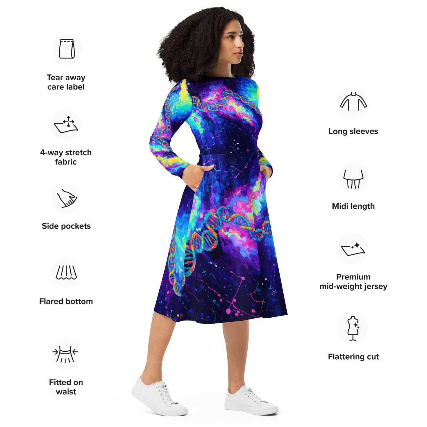 DNA Strands Biology Long Sleeve Dress – A Perfect Blend of Science and Style