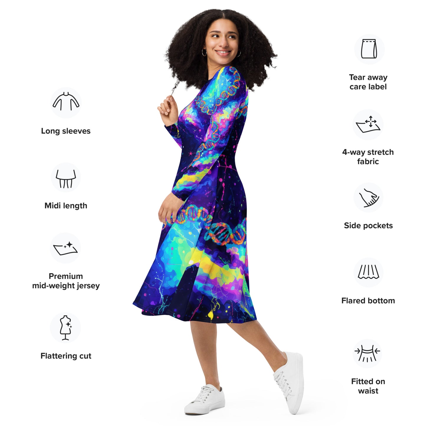 DNA Strands Biology Long Sleeve Dress – A Perfect Blend of Science and Style